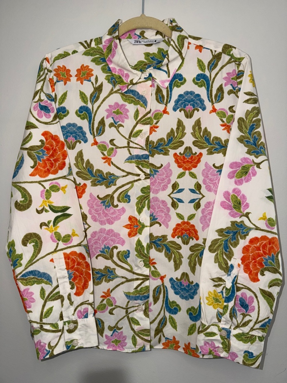 Zara Cream Button-Down Shirt with Pink, Orange, Blue & Green Floral Print